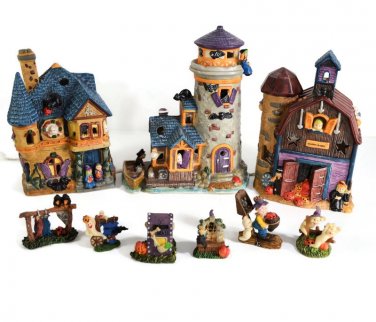 Halloween 11 Pc Ceramic Village Set Haunted Barn Lighted House Ghost Bats NEW