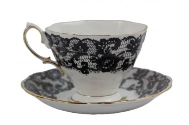 Royal Albert Senorita Black Lace & Rose Teacup and Saucer Set Bone China England