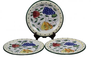 Bella Casa by Ganz Set of 3 Dinner Plates Fruit Design Handpainted Ceramic 10.5"