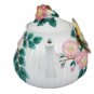 Fitz and Floyd Classics White Teapot Butterfly Pink Flower Green Leaves Vine 3 D