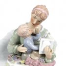 Mother Reading To a Child Blue Ceramic Brahms Waltz Musical Wind Up Figurine 7"