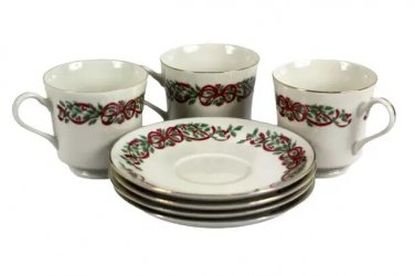 Centurion Collection Incomplete Set of Teacups & Saucers 7Pcs Holly Red Ribbon