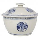 Vtg Pier One Asian Pottery Rice Serving Bowl with Lid White Blue Crane Design