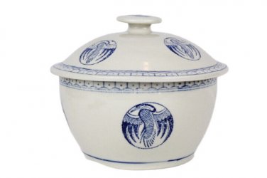 Vtg Pier One Asian Pottery Rice Serving Bowl with Lid White Blue Crane Design