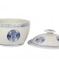 Vtg Pier One Asian Pottery Rice Serving Bowl with Lid White Blue Crane Design