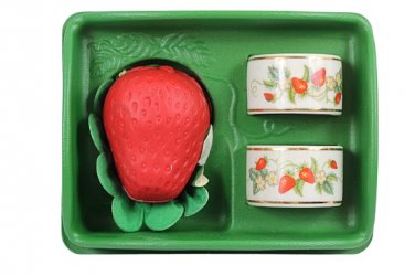 Vintage Avon Two Strawberry Porcelain Napkin Rings & One Strawberry Guest Soap