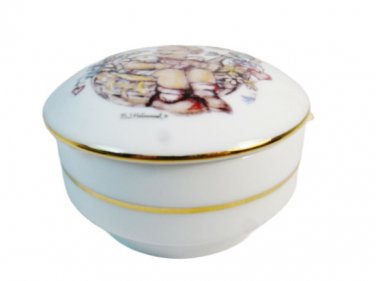 M J Hummel White Porcelain Round Trinket Box Girl Spring Basket Floral Germany