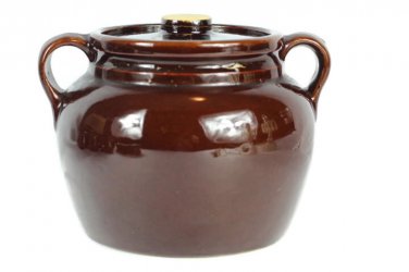 Vintage Brown Bean Pot American Pottery Stoneware Lidded Double Handle