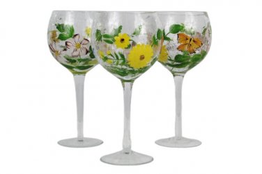 Laurel Hill Set of 3 Goblets Glassware Hand Painted Floral Butterfly Motif 18 Oz