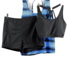 Women's 3 Piece Black & Blue Swimsuit Tank Top Short & Top 2XL 053
