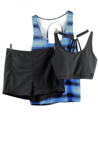 Women's 3 Piece Black & Blue Swimsuit Tank Top Short & Top 2XL 053
