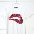 FV Relay Women's White T Shirt w/ Sequins Red Lips Logo Size Medium 004 FV Relay Women's White T Shirt w/ Sequins Red Lips Logo Size Medium 004