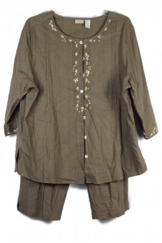 Erika Olive Green Women's 2 Pc Ankle Pants Blouse Sequins Set Size 2X 025