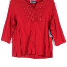 Karen Scott Red Women's Top Blouse Split Neckline Beads 3/4 Sleeve 1X 033 W