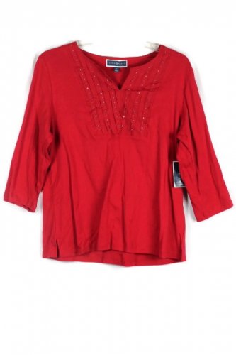 Karen Scott Red Women's Top Blouse Split Neckline Beads 3/4 Sleeve 1X 033 W