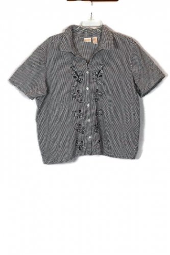 Erika Black White Check Women's Short Sleeve Button Up Short Blouse Size 2X 033