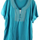 Croft & Barrow Blue Women's Top Blouse Embroidered Short Sleeve Pullover 2X 040