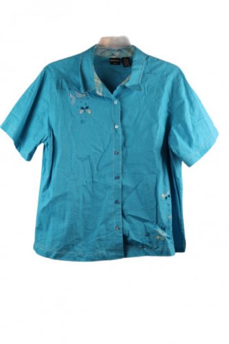 Erika Blue Women's Top Blouse Collared Short Sleeve Button Up Embroidered 2X BIN