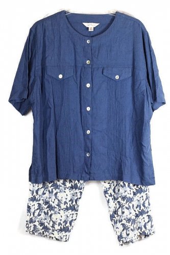Blast Blue Floral Viranda Collection Women's Cropped Pants Blouse Set 2X 004