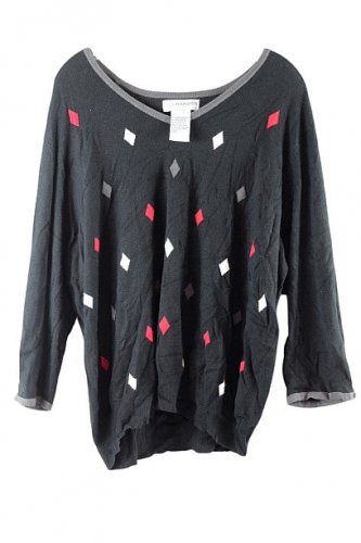 Sag Harbor Black Women's Pullover Sweater V Neck Diamond Pattern 2X 049