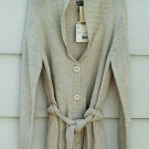 Laura Scott Women's Tan Chunky Knit Long Sleeve Sweater Belt Front Buttons L 003