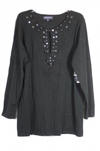Jones New York Black Women's Long Sleeve Pullover Top Blouse Beaded 1X 026