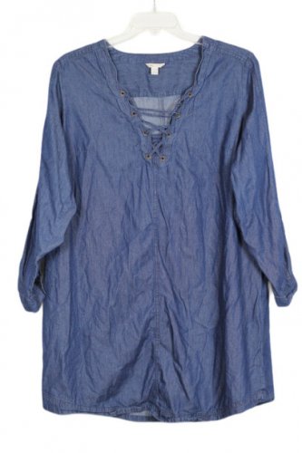 Cato Blue Denim Women's Shirt Dress Pull Tab Sleeves Criss cross Neckline XL 036