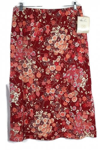 Kathie Lee Red Floral Women's Long Skirt Elastic Waist Slits Bottom Side 14 035W