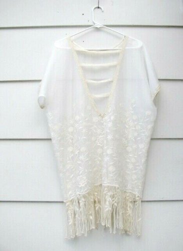 Yoana Baraschi Cream Tunic Swimming Cover Up Fringe Floral Embroidered Sz S  006
