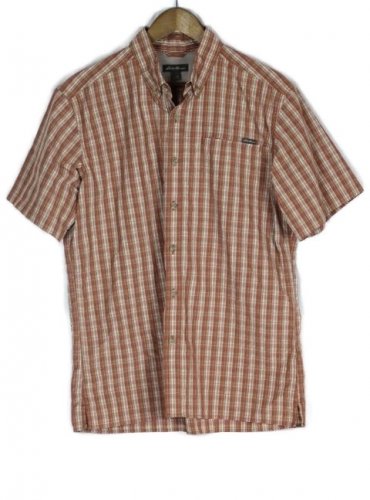 Eddie Bauer Striped Brown Men's Dress Shirt Short Sleeve Front Pocket M  007