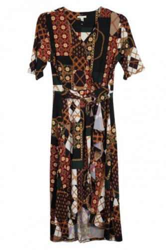 EST 1946 Multicolor Women's High Low Tie Waist Belt Short Sleeve V Neck L  021