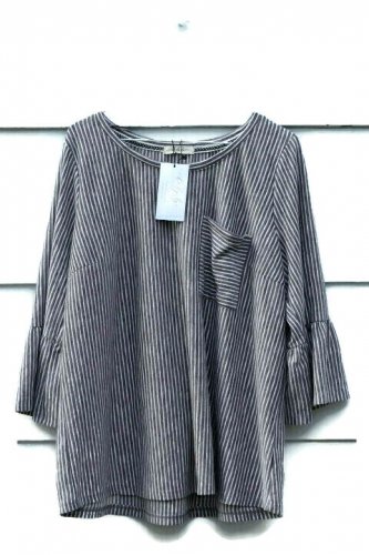 Lady Bye Women's Shirt Top Blouse Striped White Gray Bell Sleeves Size 1X  003