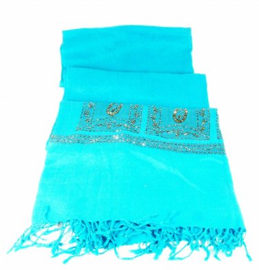 LDS Women's Aqua Blue Turquoise Shawl Wrap Scarf Tassel Embroidery 80 x 25  047