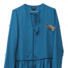 ANA Tahoe Teal Women's Top Blouse Long Sleeve Tie Up Neckline Size L  020