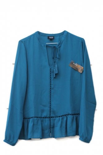 ANA Tahoe Teal Women's Top Blouse Long Sleeve Tie Up Neckline Size L  020