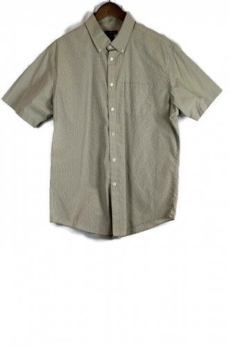 Van Heusen Check Tan Men's Short Sleeve Dress Shirt Button Down Large 014