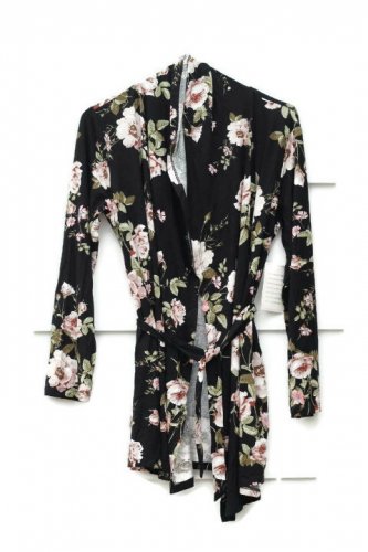 Angel Black Floral Women's Open Front Cardigan Sweater Shirt Belted Size S  005