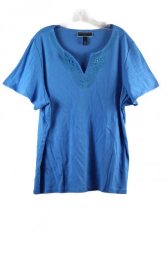 Karen Scott Blue Women's Top Blouse Beaded Neckline Short Sleeve 2X 055