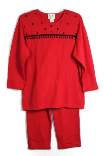 Copacabana Women's Red Pant Suit with Black Beads Trim Medium    001