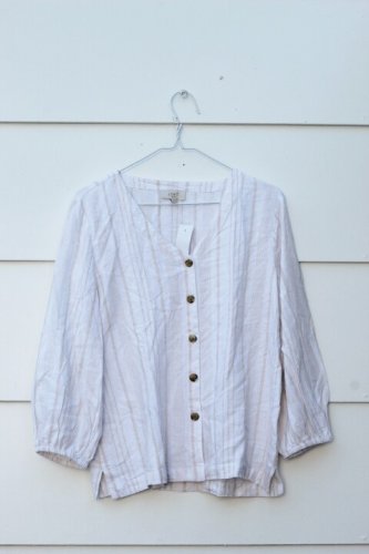 Loft Outlet White Tan Striped Women's Blouse Front Button 3/4 Sleeve  014