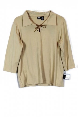 Mossimo Stretch Brown Women's 3/4 Sleeve Collared Top Blouse Lace Tie 1X 043