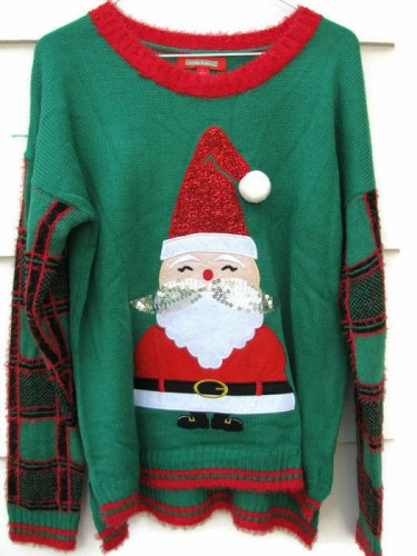 Holiday Traditions Santa Claus Green Red Women's Pullover Knit Sweater Sz Large