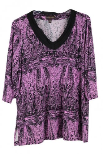 Dana Buchman Pink Black Women's Top Blouse 3/4 Sleeve V Neck  Slit Sides 1X 005