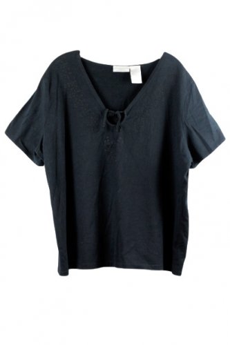 Worthington Black Women's Top Blouse Embroidered Keyhole 2X 038