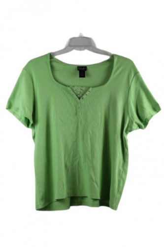 Rafaella Green Women's Short Sleeve Blouse Lace Trim Pullover 2X 043