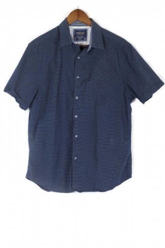 Denim & Flower Slim Fit Polka Dot Blue Men's Dress Shirt Short Sleeve Size L 003