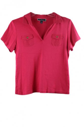Karen Scott Pink Women's Top Blouse Short Sleeve Collared Pullover Large 048