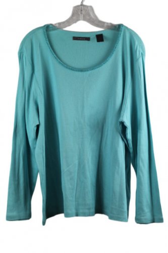 Liz Claiborne Blue Women's Long Sleeve Blouse  Pullover Sequins Neckline 2X 059