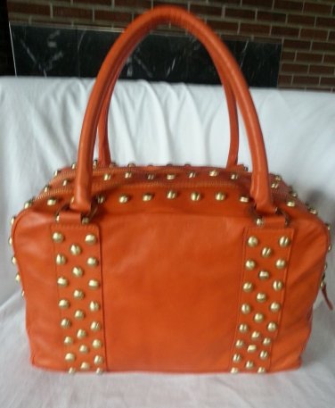 LAURA DI MAGGIO ORANGE STUDDED LEATHER SQUARE BOWLER BAG MADE IN ITALY-NWT