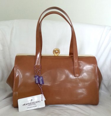 Alberta DiCanio Handbags Hinged-Frame Patent Leather Satchel Bag in Caramel-NWT